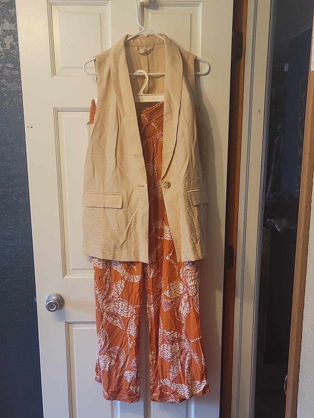 Maurices Cream Sleeveless Blazer with Rust Floral Jumpsuit